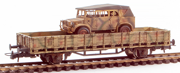 REI Models 740333 - German WWII PKW40 in Summer Camo load on a two axle flat car